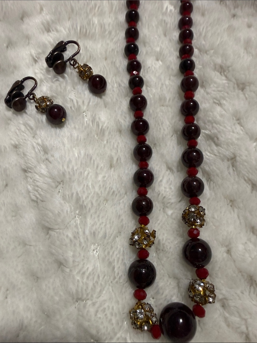 Dark Red Beaded Necklace and Earrings Set - vintage estate sale find